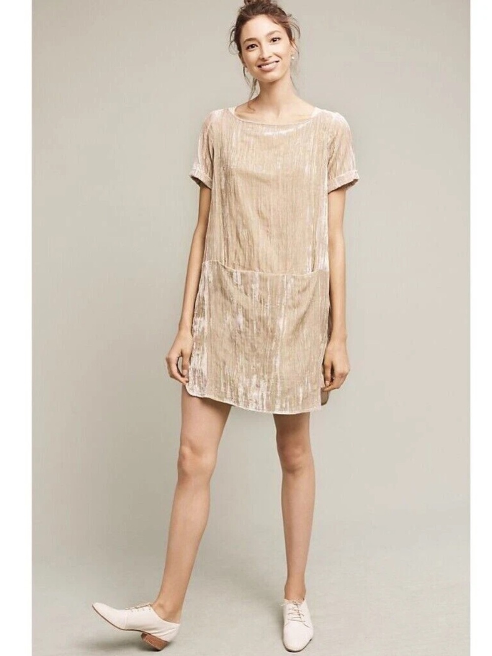 Anthropologie - Floreat - Women’s Crinkled Velvet Dress - Champagne - Size S - Picture 2 of 9